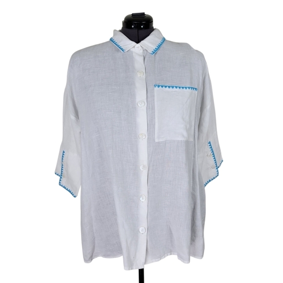 Soft Surroundings Tunic Size XL White Blue Trim Step Hem Pocket Linen Cotton - Picture 1 of 10